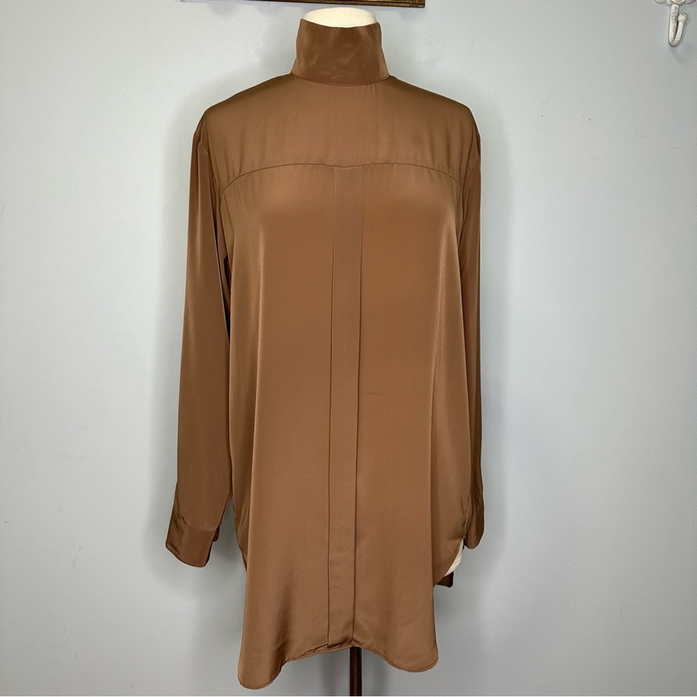Roucha Women’s Mocha Brown Mock Neck Back Buttons Blouse Top Size A, S
